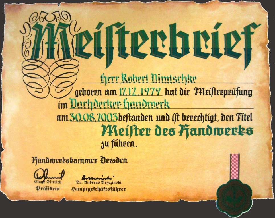 Meisterbrief Dachdecker Robert Nimtschke